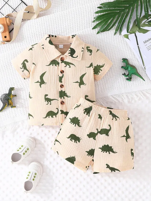 Beige_Toddler_Dinosaur_Print_Button-Up_Shirt_&_Shorts_Set_For_Boys