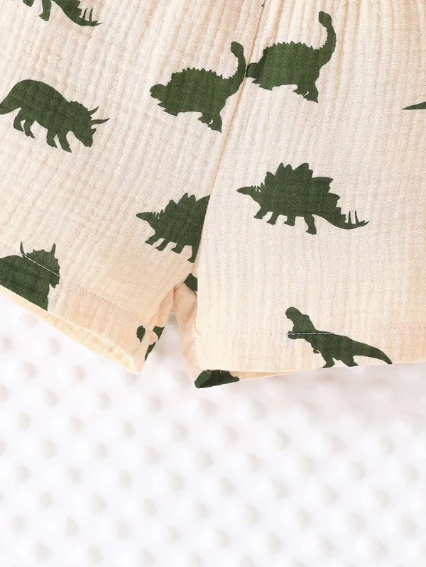 Beige_Toddler_Dinosaur_Print_Button-Up_Shirt_&_Shorts_Set_For_Boys