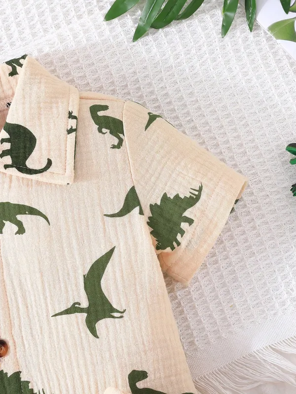Beige_Toddler_Dinosaur_Print_Button-Up_Shirt_&_Shorts_Set_For_Boys
