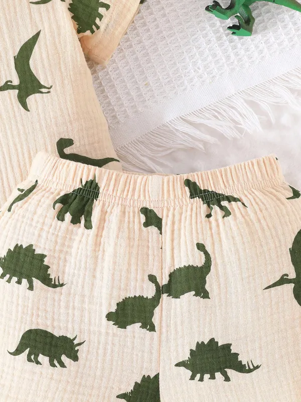 Beige_Toddler_Dinosaur_Print_Button-Up_Shirt_&_Shorts_Set_For_Boys