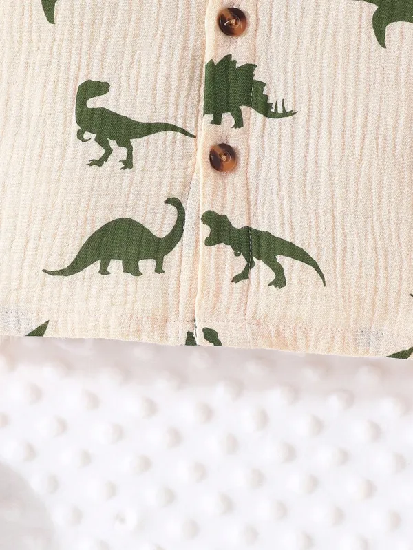 Beige_Toddler_Dinosaur_Print_Button-Up_Shirt_&_Shorts_Set_For_Boys