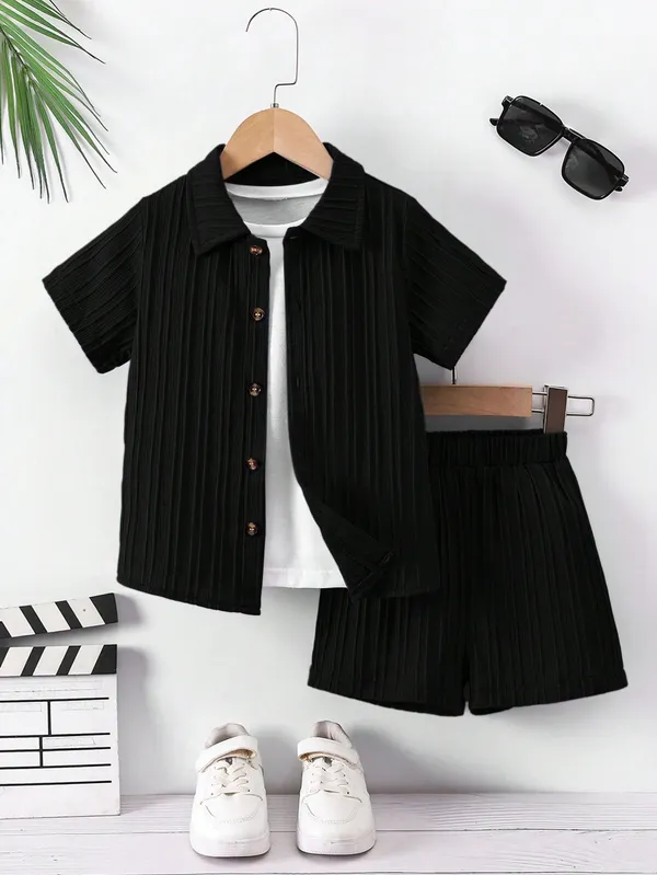 Black_Toddler_Shorts_Henley_T-Shirt_Set_For_Boys