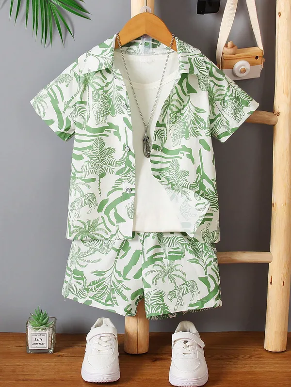 Green_Tropical_Print_Shirt_&_Shorts_Set_For_Boys