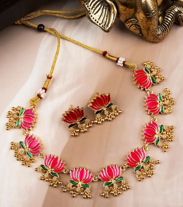 PINK_LOTUS_FLORAL_NECKLACE_SET_WITH_EARRINGS