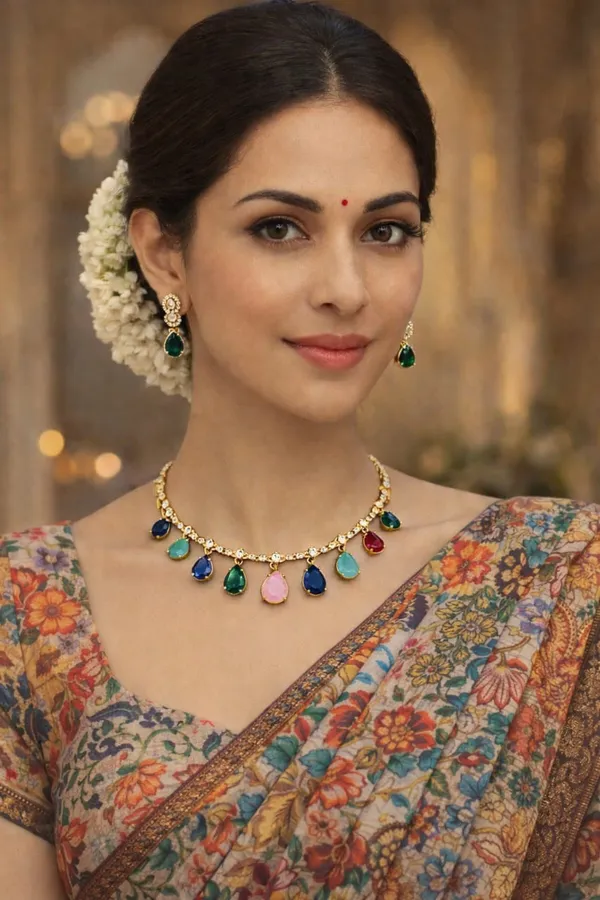 MENKA_MULTICOLOUR_TEARDROP_CRYSTAL_NECKLACE_SET_–_GOLD_FINISH