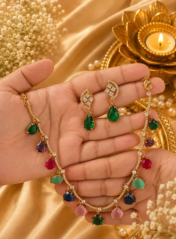 MENKA_MULTICOLOUR_TEARDROP_CRYSTAL_NECKLACE_SET_–_GOLD_FINISH