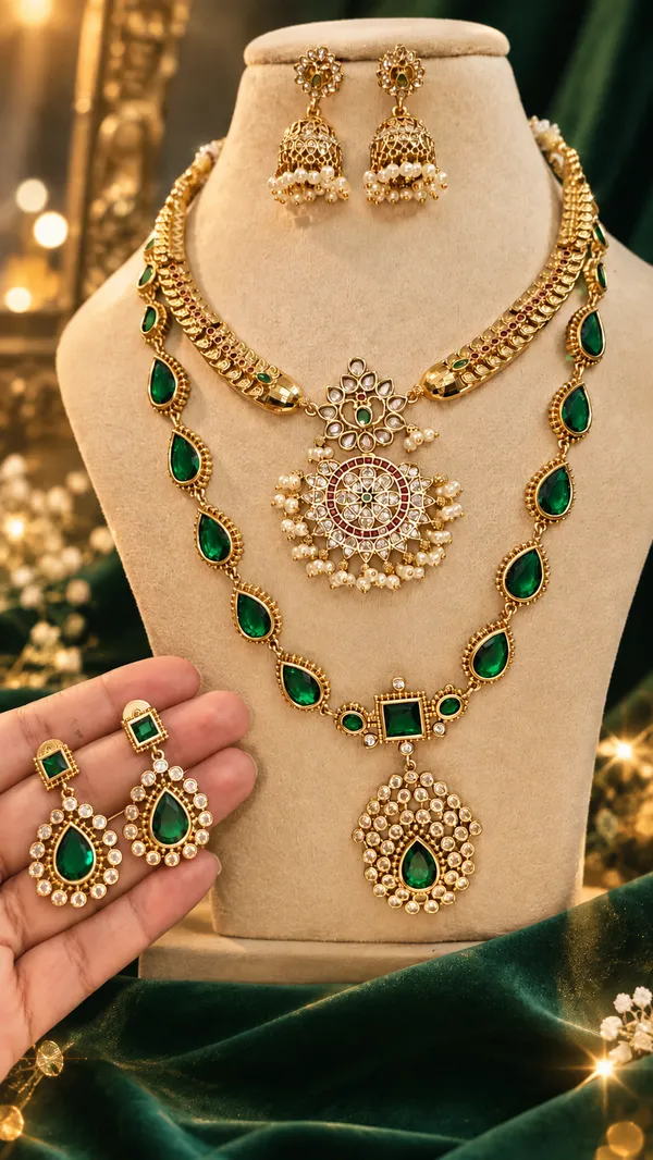 SURBHI_-_COMBO_EMERALD_GREEN_AND_GOLDEN_NECKLACE_SET