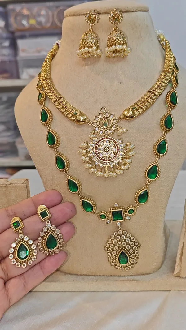 SURBHI_-_COMBO_EMERALD_GREEN_AND_GOLDEN_NECKLACE_SET
