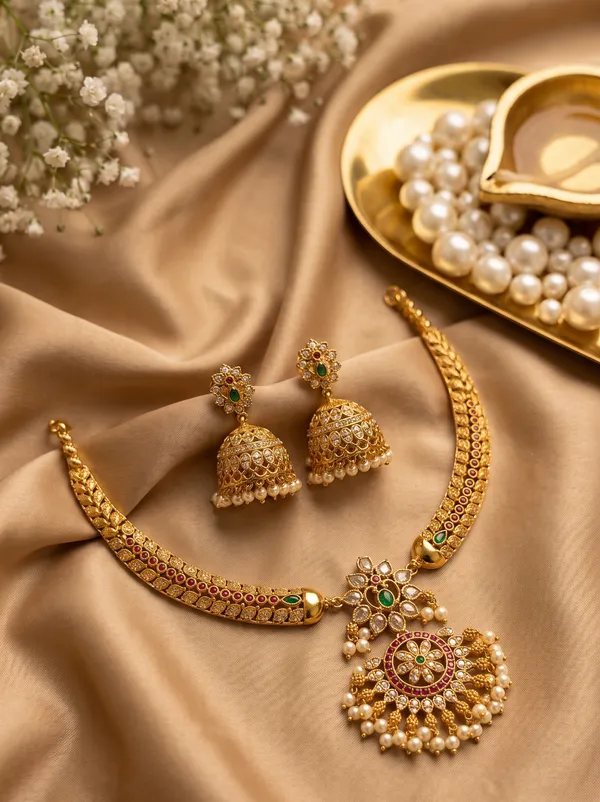 GOLD-PLATED_HASLI_SET_WITH_JHUMKA_EARRINGS_&_PEARL_DETAILING