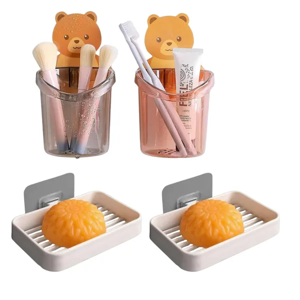 Multicolor_Bathroom_Organizer_Set_2_Soap_Dishes_2_Toothbrush_Holders_|_Nodrill_Wall_Mount_|_Stackable,_Spacesaving_Design_|_Tooth_Brush_Holder_Soap_Stand_For_Bathroom
