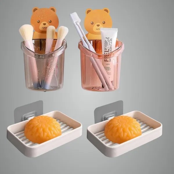 Multicolor_Bathroom_Organizer_Set_2_Soap_Dishes_2_Toothbrush_Holders_|_Nodrill_Wall_Mount_|_Stackable,_Spacesaving_Design_|_Tooth_Brush_Holder_Soap_Stand_For_Bathroom