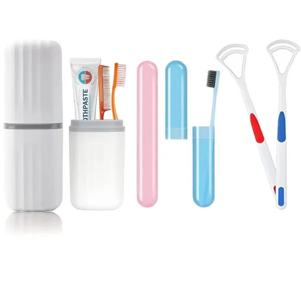 Multicolor_2_Pcs_Tongue_Cleaner_And_2_Pcs_Toothbrush_Cover_Case_With_Travel_Case_Tongue_Scrapper,Plastic_Brush_Holder_For_Travel_Kit,Tooth_Brush_Holder_For_Traveling_Toothbrush_Combo_Set