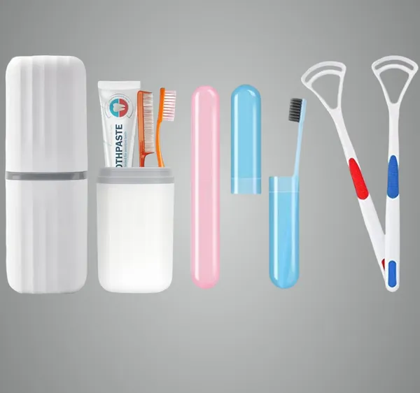 Multicolor_2_Pcs_Tongue_Cleaner_And_2_Pcs_Toothbrush_Cover_Case_With_Travel_Case_Tongue_Scrapper,Plastic_Brush_Holder_For_Travel_Kit,Tooth_Brush_Holder_For_Traveling_Toothbrush_Combo_Set