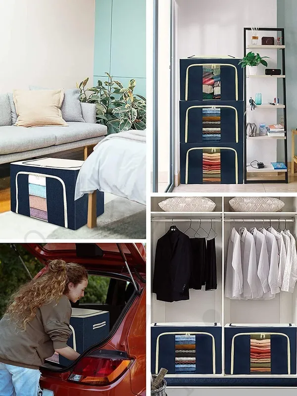 Multicolor_24_Liter__1_Pcs_Clothes_Organizer_Foldable_Metal_Frame_Storage_Box_With_Zippers_Clear_Window,_Purpose_Wardrobe_Organizer_For_Clothing,_Saree,_Woolen_Blanket_Storage