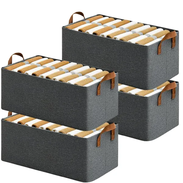 Grey_4_Pcs_26_Litre_Collapsible_Wardrobe_Organizer_For_Clothes_With_Metal_Frame_Rectangle_Storage_For_Foldable_Boxes_Toys_Books_Rectangle_Handles_Shelf_Basket_Pants_Jeans_Sweater
