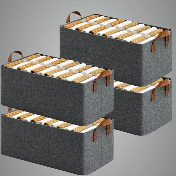 Grey_4_Pcs_26_Litre_Collapsible_Wardrobe_Organizer_For_Clothes_With_Metal_Frame_Rectangle_Storage_For_Foldable_Boxes_Toys_Books_Rectangle_Handles_Shelf_Basket_Pants_Jeans_Sweater