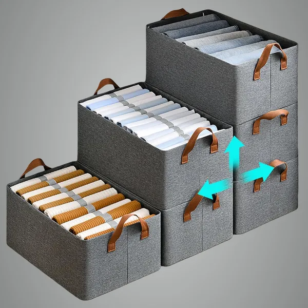 Grey_10_Pcs_Collapsible_Wardrobe_Organizer_For_Clothes_With_Metal_Frame_Rectangle_Storage_For_Foldable_Boxes_Fabric_Toys_Books_Rectangle_Handles_Shelf_Basket_Pants_Jeans_Sweater