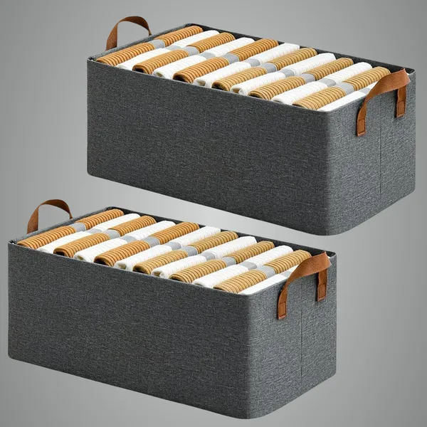 Grey_2_Pcs_26_Litre_Collapsible_Storage_Box_Organiser_For_Wardrobe_Clothes_With_Metal_Frame_Rectangle_Storage_Foldable_Boxes_Fabric_Toys_Books_Rectangle_Handles_Shelf_Basket_Pants_Jeans_Sweater
