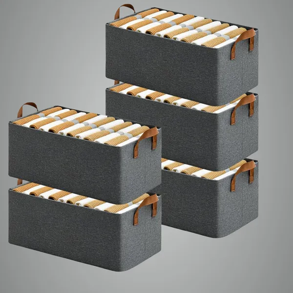 Grey_5_Pcs_Collapsible_Wardrobe_Organizer_For_Clothes_With_Metal_Frame_Rectangle_Storage_For_Foldable_Boxes_Fabric_Toys_Books_Rectangle_Handles_Shelf_Basket_Pants_Jeans_Sweater