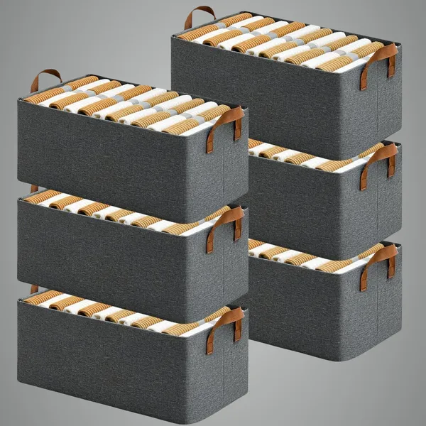 Grey_8_Pcs_26_Litre_Collapsible_Wardrobe_Organizer_For_Clothes_With_Metal_Frame_Rectangle_Storage_For_Foldable_Boxes_Fabric_Toys_Books_Rectangle_Handles_Shelf_Basket_Pants_Jeans_Sweater