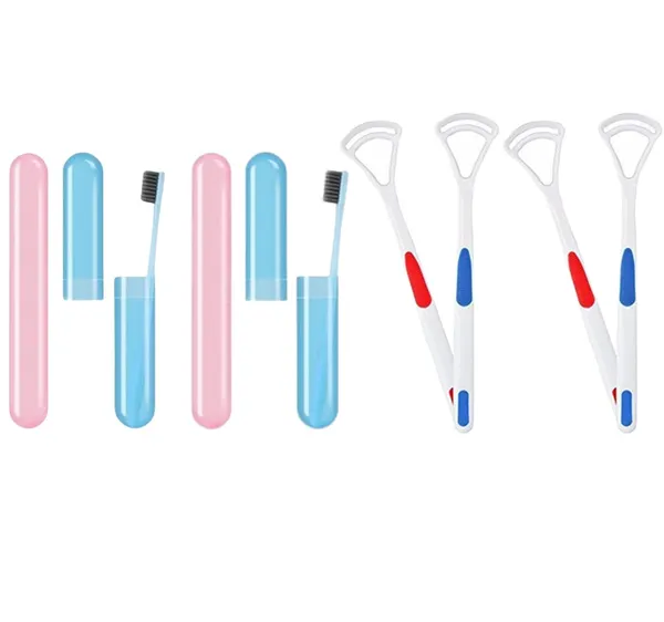 Multicolor_4_Pcs_Tongue_Cleaner_And_Toothbrush_Cover_Case_Travel_Toothbrush_Case_Tongue_Scrapper,_Plastic_Brush_Holder_For_Travel_Kit,_Tooth_Brush_Holder_For_Traveling_4_Pcs
