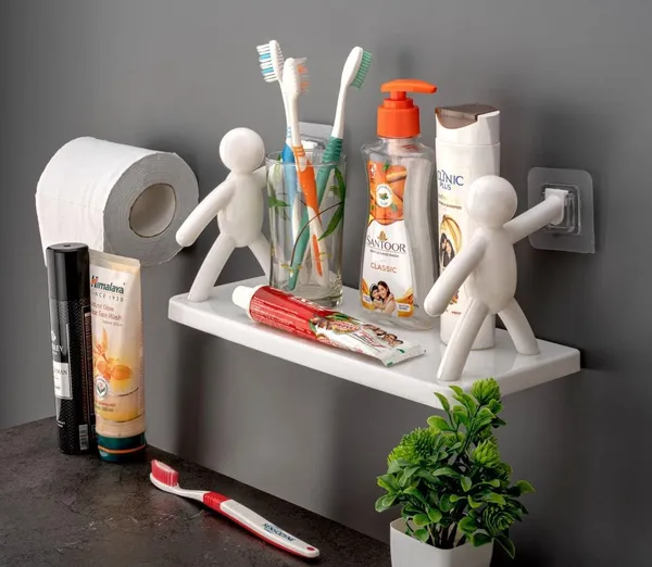 White_Selfadhesive_Nodrill_Bathroom_Shelf_Wallmounted_Kitchen_Storage_Cabinet_Purpose_Organizer_With_Hooks_Dustproof_Doors_For_Toiletries,_Spices,_Makeup_Skincare
