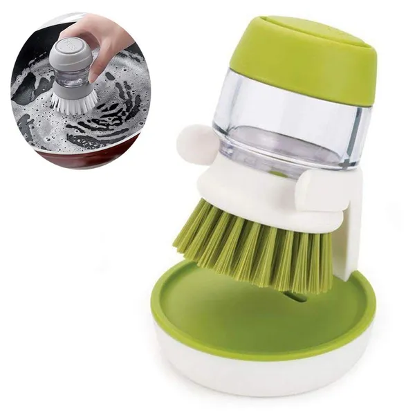 Green_Plastic_Cleaning_Brush_With_Soap_Dispenser_For_Kitchen_Sink_Washbasin,_Dish_Washer_With_Storage_Stand_Holder,Palm_Scrub_Soap_Dispenser_Washingup_Brush