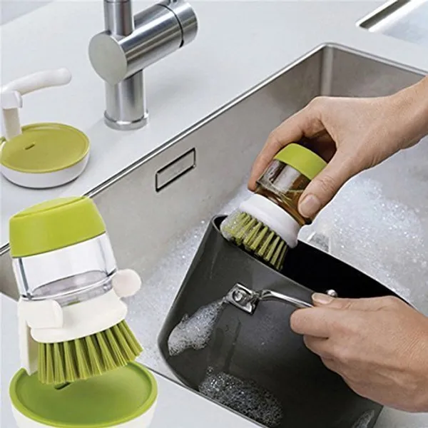 Green_Plastic_Cleaning_Brush_With_Soap_Dispenser_For_Kitchen_Sink_Washbasin,_Dish_Washer_With_Storage_Stand_Holder,Palm_Scrub_Soap_Dispenser_Washingup_Brush