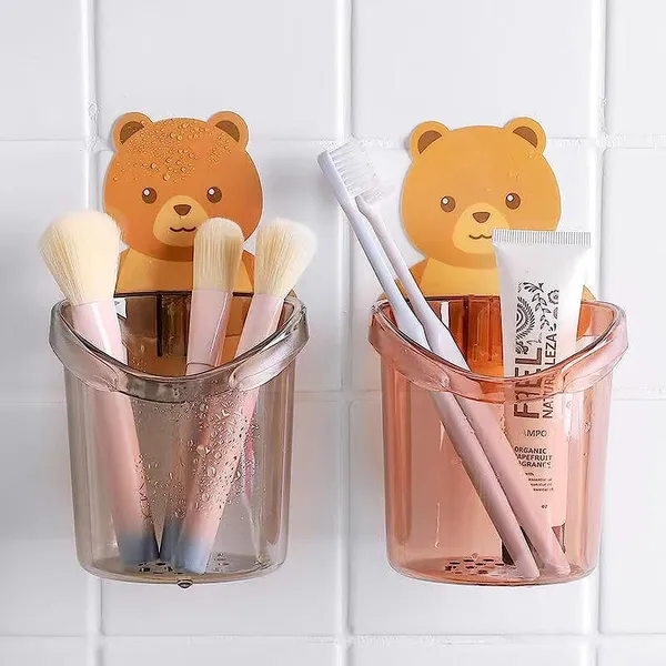 Multicolor_Toothbrush_Holder_Set_Of_2_Pcs_Plastic_Stand_For_Toothpaste,_Comb,_Brush,_,_Lotion_Kids_Bathroom_Cup_Drain_Waterproof_Selfadhesive,_Teddy_Bear