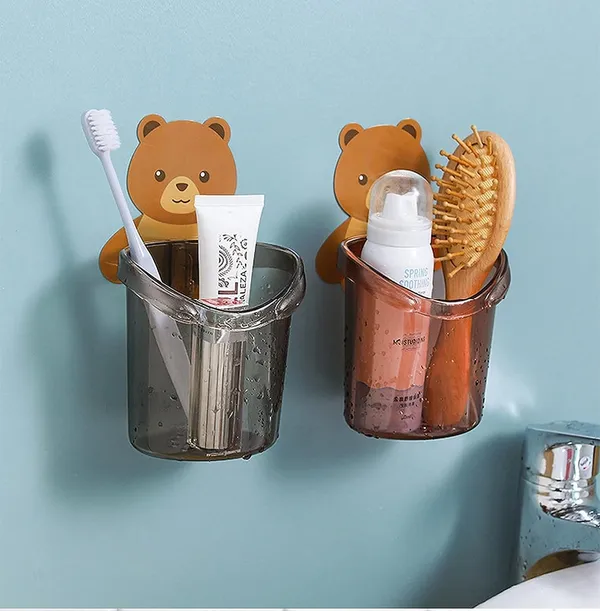 Multicolor_Toothbrush_Holder_Set_Of_2_Pcs_Plastic_Stand_For_Toothpaste,_Comb,_Brush,_,_Lotion_Kids_Bathroom_Cup_Drain_Waterproof_Selfadhesive,_Teddy_Bear