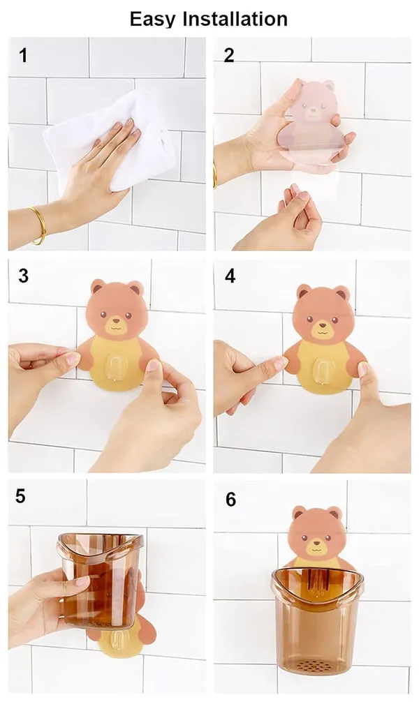 Multicolor_Toothbrush_Holder_Set_Of_2_Pcs_Plastic_Stand_For_Toothpaste,_Comb,_Brush,_,_Lotion_Kids_Bathroom_Cup_Drain_Waterproof_Selfadhesive,_Teddy_Bear