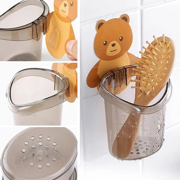 Multicolor_Toothbrush_Holder_Set_Of_2_Pcs_Plastic_Stand_For_Toothpaste,_Comb,_Brush,_,_Lotion_Kids_Bathroom_Cup_Drain_Waterproof_Selfadhesive,_Teddy_Bear