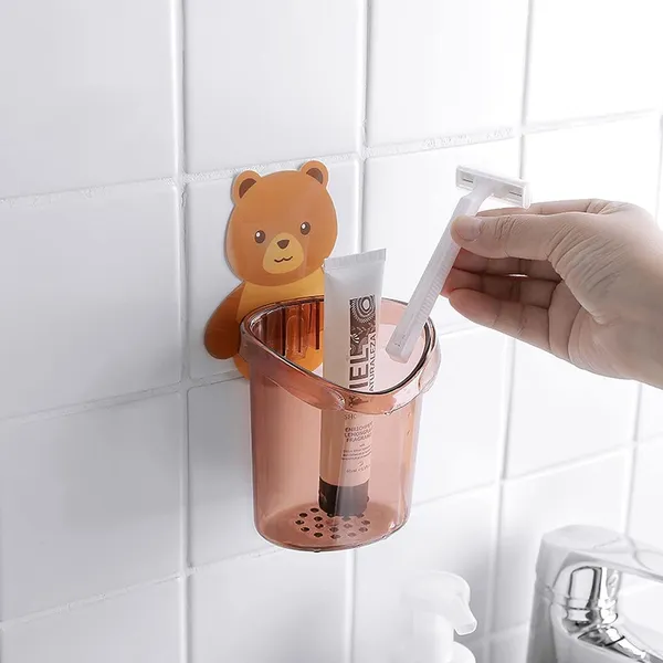 Multicolor_Toothbrush_Holder_Set_Of_2_Pcs_Plastic_Stand_For_Toothpaste,_Comb,_Brush,_,_Lotion_Kids_Bathroom_Cup_Drain_Waterproof_Selfadhesive,_Teddy_Bear