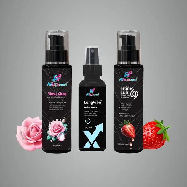 Longvibe_Delay_Spray_50Ml_+_Intime_Lub_69_100Ml_+_Rosy_Glow_Intimate_Lightening_Serum_100Ml_Male_Stamina_Booster,_Water-Based_Lubricant_&_Intimate_Skin_Brightening_Herbal,_Safe_&_Strawberry_Flavored_Enhances_Intimacy_&_Confidence
