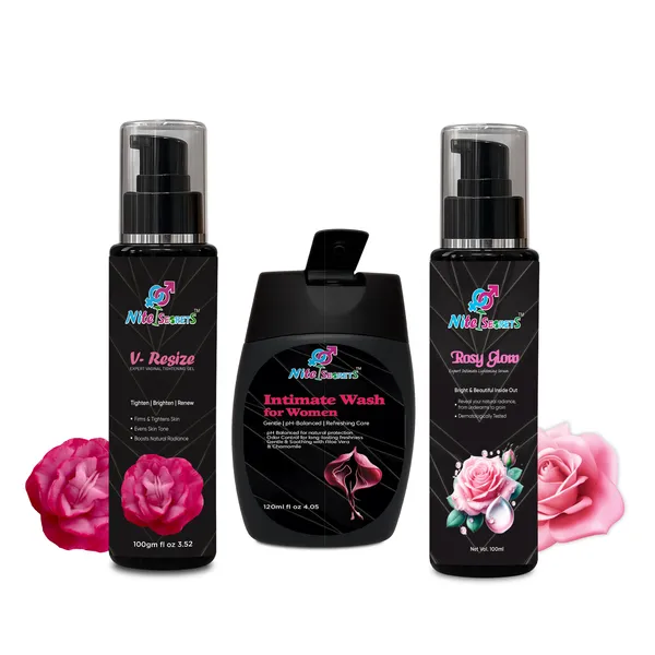 Intimate_Care_Combo_Intimate_Wash_Rosy_Glow_Lightening_Serum_&_V-Resize_Vaginal_Tightening_Gel_Ph_Balanced_Brightening_&_Firming_120Ml_+_100Ml_+_100G_For_Women
