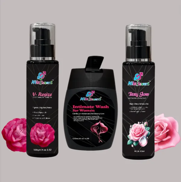 Intimate_Care_Combo_Intimate_Wash_Rosy_Glow_Lightening_Serum_&_V-Resize_Vaginal_Tightening_Gel_Ph_Balanced_Brightening_&_Firming_120Ml_+_100Ml_+_100G_For_Women