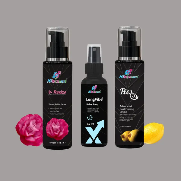Complete_Intimate_Confidence_&_Care_Pack_Longvibe_Ayurvedic_Topical_Delay_Spray_For_Men_(50Ml)_+_V-Resize_Expert_Vaginal_Tightening_Gel_(100Gm)_+_Flex_36_Advanced_Bust_Firming_Lotion_(100Ml)_Enhances_Pleasure,_Restores_Firmness_&_Boosts_Body_Confidence