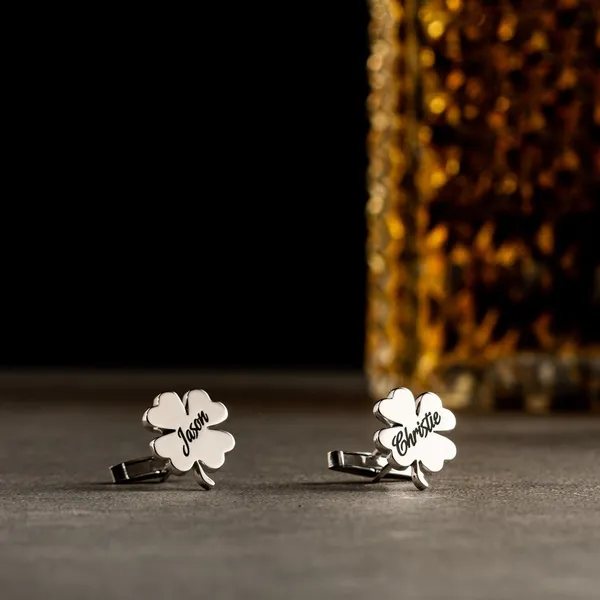 White_Personalized_Four_Leaf_Name_Cufflinks_For_Men