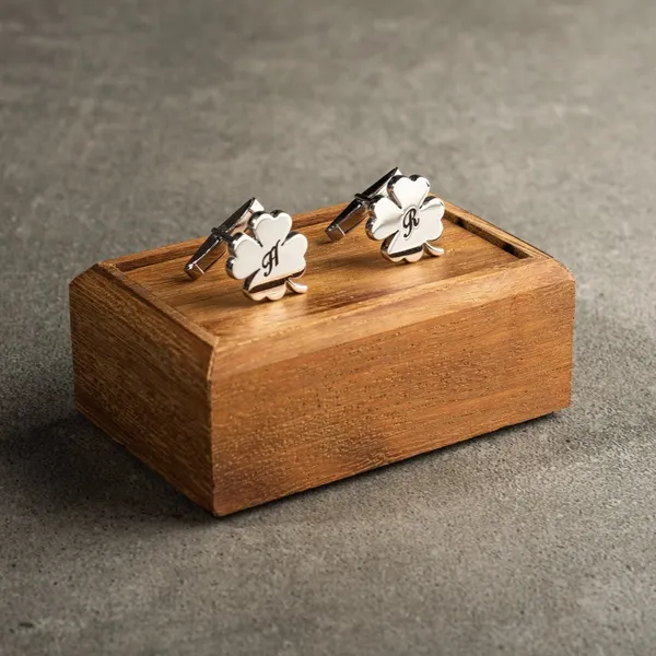White_Personalized_Four_Leaf_Name_Cufflinks_For_Men