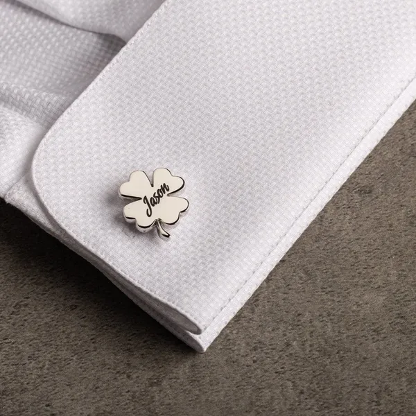 White_Personalized_Four_Leaf_Name_Cufflinks_For_Men