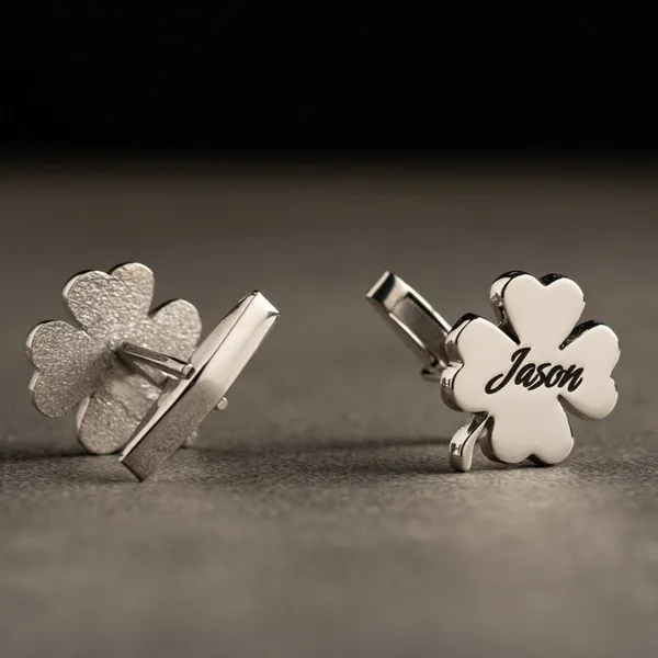 White_Personalized_Four_Leaf_Name_Cufflinks_For_Men