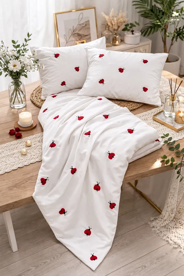 Exquisite_embroidered_bedsheet_with_red_ladybug_pattern_on_white_in_premium_cotton_bedsheet_along_with_two_pillow_covers