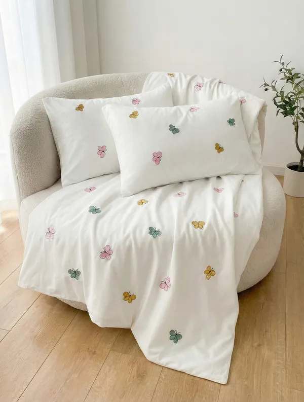 Elegant_Embroidered_Bedsheet_In_Butterfly_Pattern_In_Multicolour_On_White_On_Premium_Cotton_Bedsheet_And_Two_Pillow_Covers