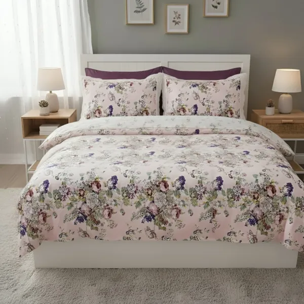 Exquisite_floral_bloom_on_light_pink_on_premium_cotton_bedsheet_and_two_pillow_covers_decorated_with_double_lace
