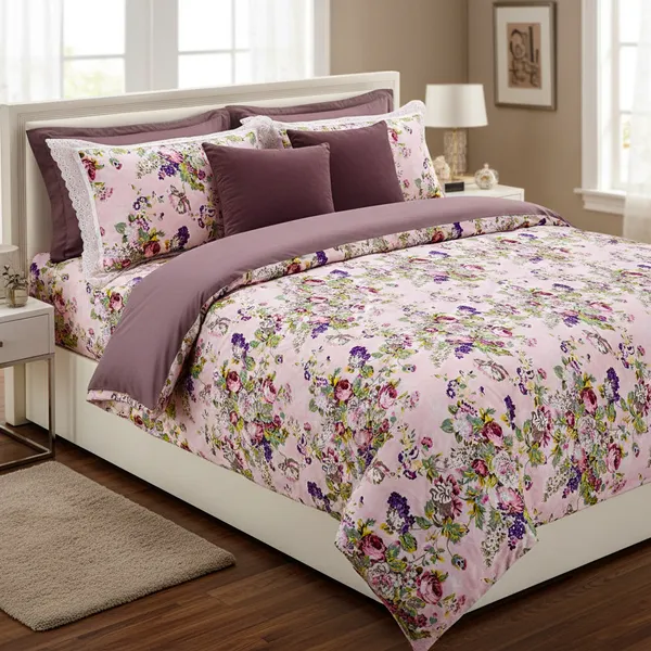 Exquisite_floral_bloom_on_light_pink_on_premium_cotton_bedsheet_and_two_pillow_covers_decorated_with_double_lace