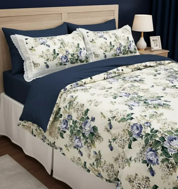 Exquisite_Floral_Print_In_Blue_On_Cream_Pure_Cotton_Double_Bedsheet_And_Two_Pillow_Covers_Decorated_With_Beautiful_Double_Lace
