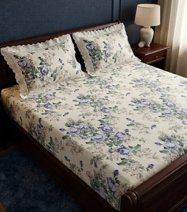 Exquisite_Floral_Print_In_Blue_On_Cream_Pure_Cotton_Double_Bedsheet_And_Two_Pillow_Covers_Decorated_With_Beautiful_Double_Lace