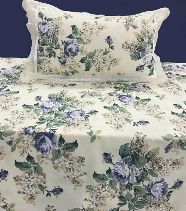 Exquisite_Floral_Print_In_Blue_On_Cream_Pure_Cotton_Double_Bedsheet_And_Two_Pillow_Covers_Decorated_With_Beautiful_Double_Lace