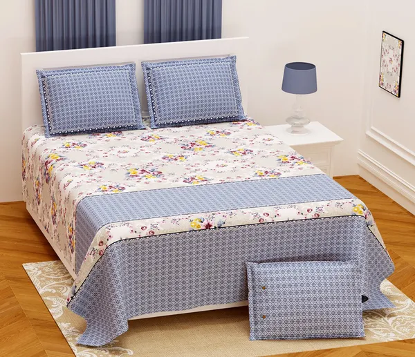 Exquisite_Greyish_Blue_On_White_Floral_Premium_Twill_Cotton_Double_Bedsheet_With_Two_Pillow_Covers