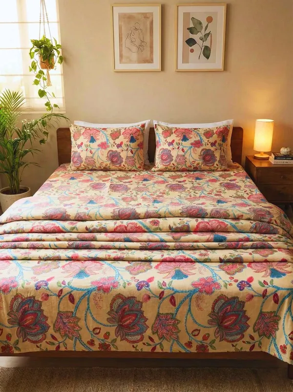 Bedsheet_and_dohar_set_in_cotton_in_beautiful_floral_print_on_lovely_yellow